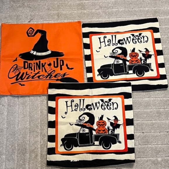 Set of 3 Halloween Zip Decorative Throw Pillow Covers Halloween Drink Up Witches - Picture 1 of 5